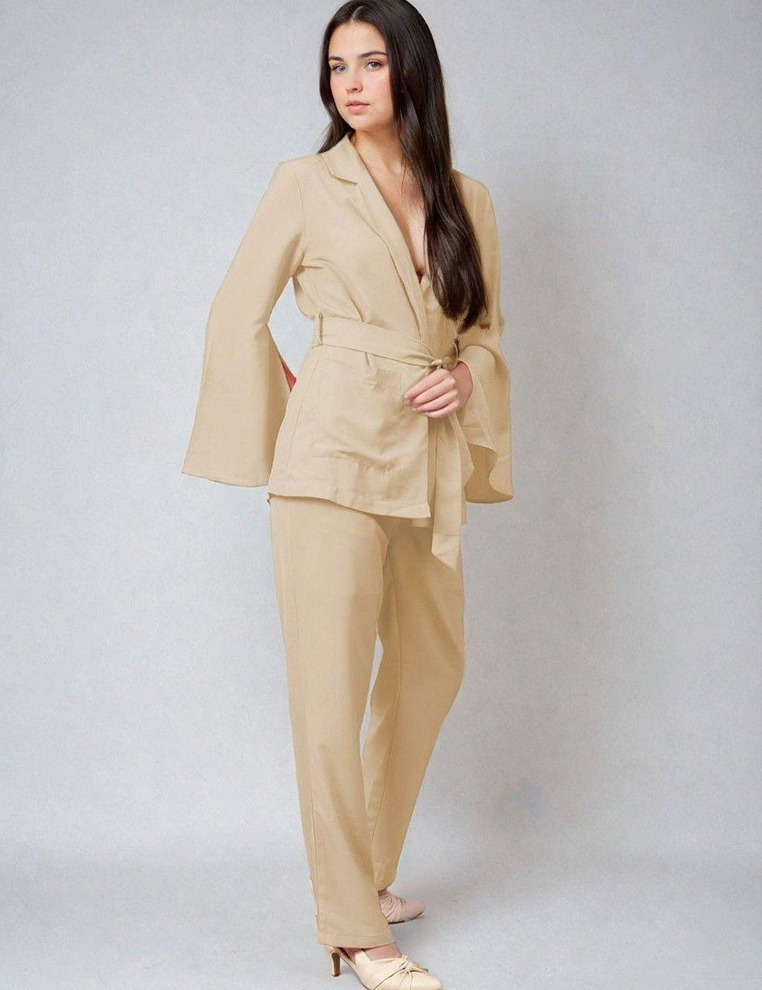 Kotty Beige Notch Lapel Collar Blazer With Trousers