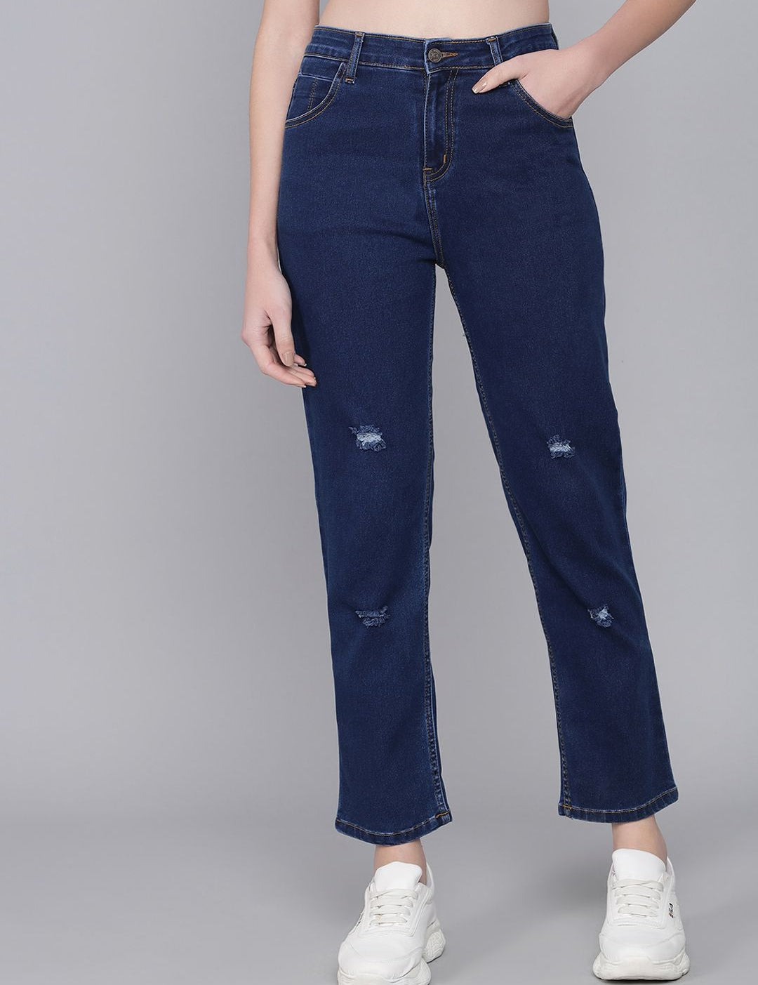 Kotty Women Blue Straight Fit High-Rise Low Distress Jeans