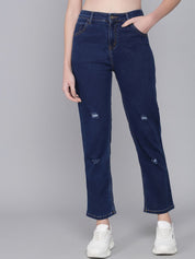 Kotty Women Blue Straight Fit High-Rise Low Distress Jeans