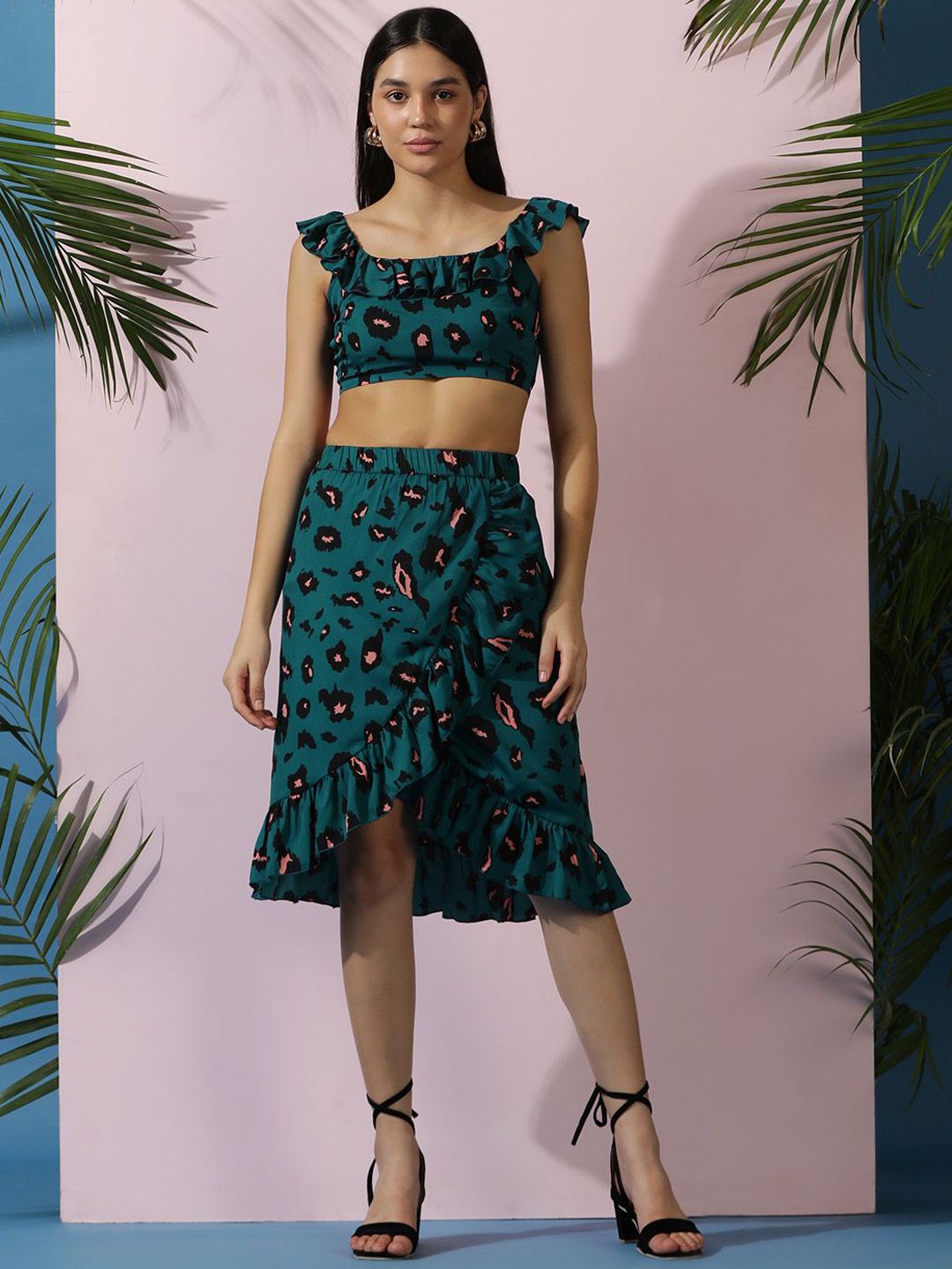 Kotty Green Floral Printed Sleeveless Top With Skirt