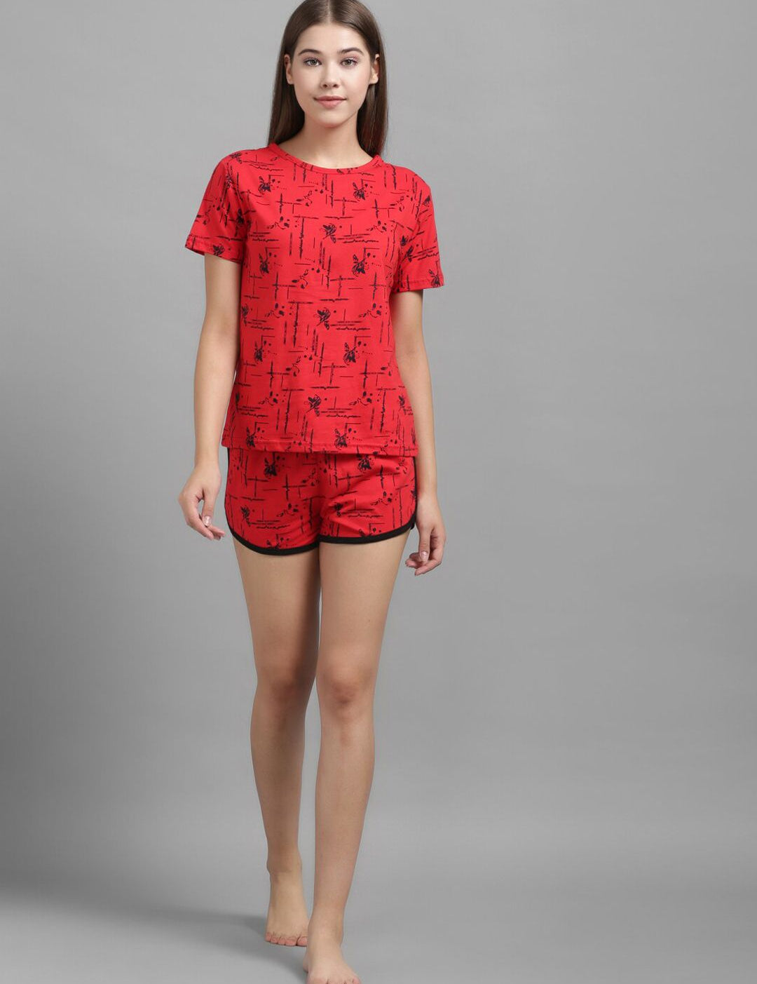 Kotty Women Red & Black Printed Night suit