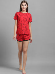 Kotty Women Red & Black Printed Night suit