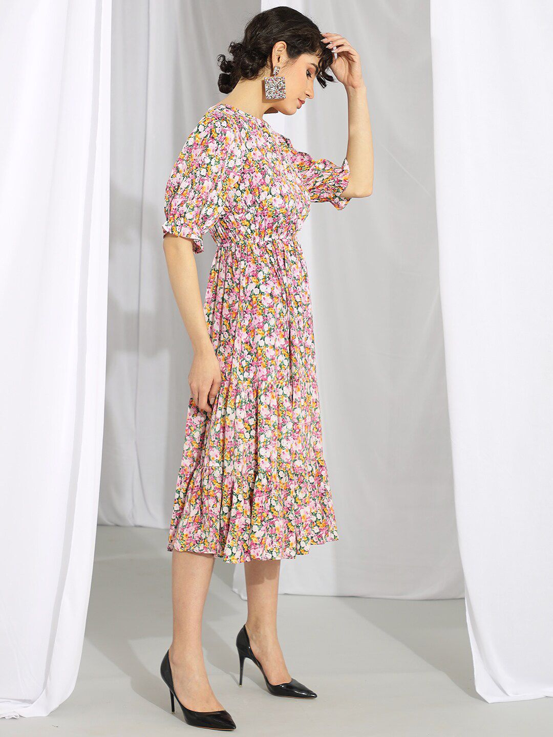 Kotty Pink & Green Floral Printed Puff Sleeves Fit & Flare Midi Dress