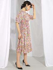 Kotty Pink & Green Floral Printed Puff Sleeves Fit & Flare Midi Dress