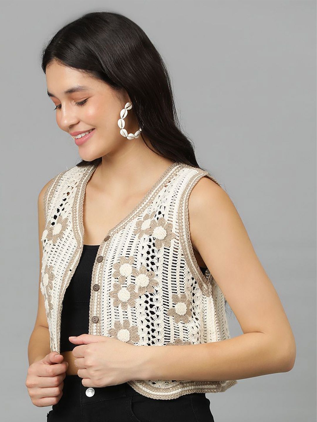 Kotty Floral Self Design Crochet V-Neck Crop Top