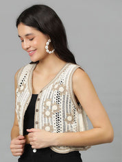 Kotty Floral Self Design Crochet V-Neck Crop Top