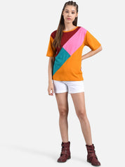 Kotty Women Orange & Maroon Colourblocked Round Neck T-shirt
