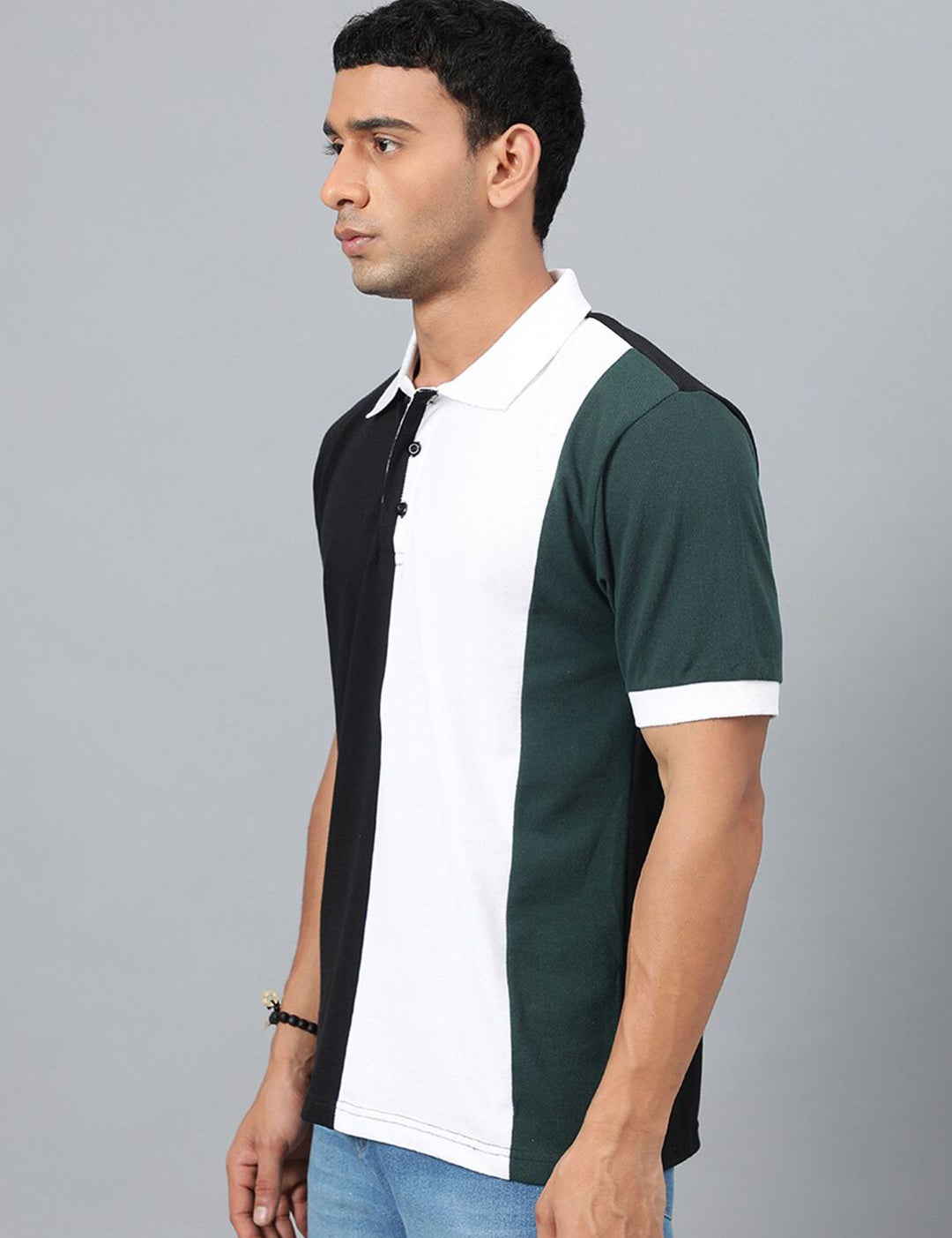 Kotty Black & White Colourblocked Polo Collar Cotton T-shirt