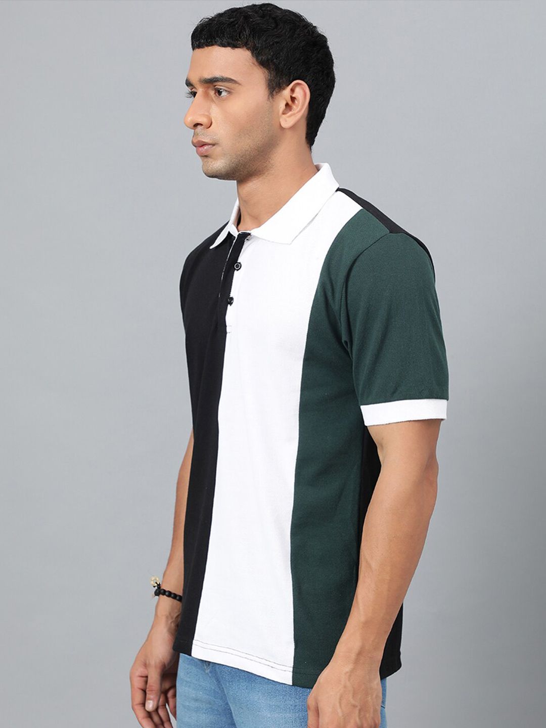 Kotty Black & White Colourblocked Polo Collar Cotton T-shirt