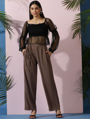 Kotty Women Solid Relaxed Straight Fit High-Rise Easy Wash Pleated Trousers