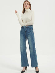 Kotty Women Blue Jean Flared High-Rise Low Distress Light Fade Stretchable Jeans