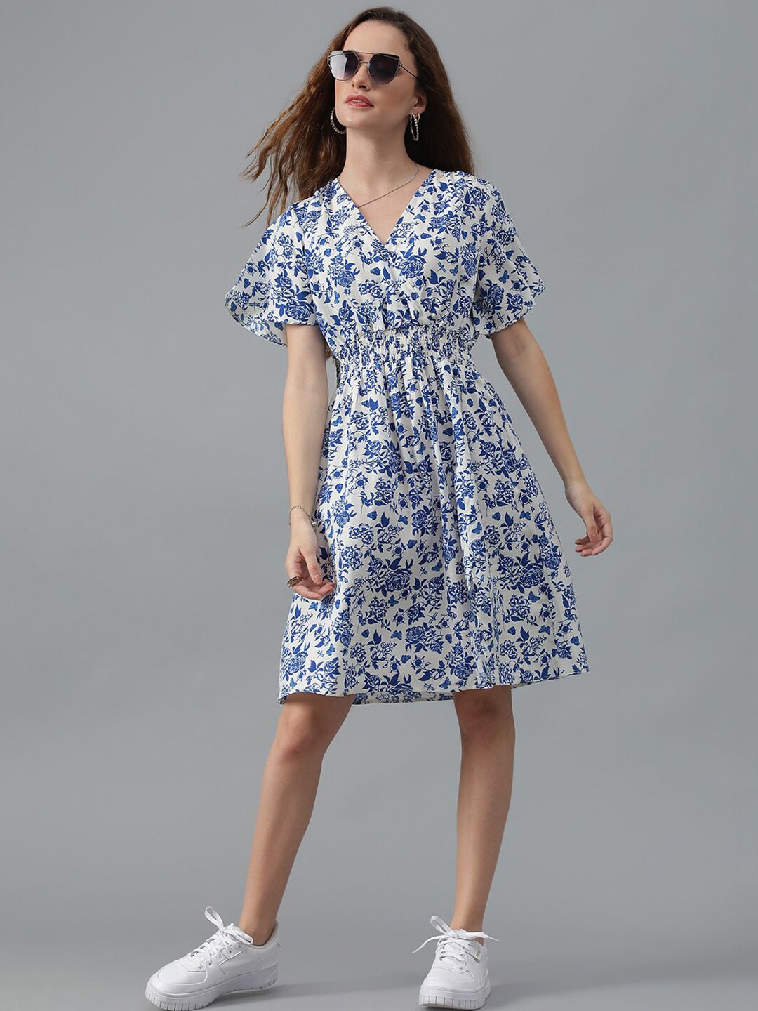 Kotty White & Blue Floral Printed Flared Sleeves Crepe Smocked Fit & Flare Dress