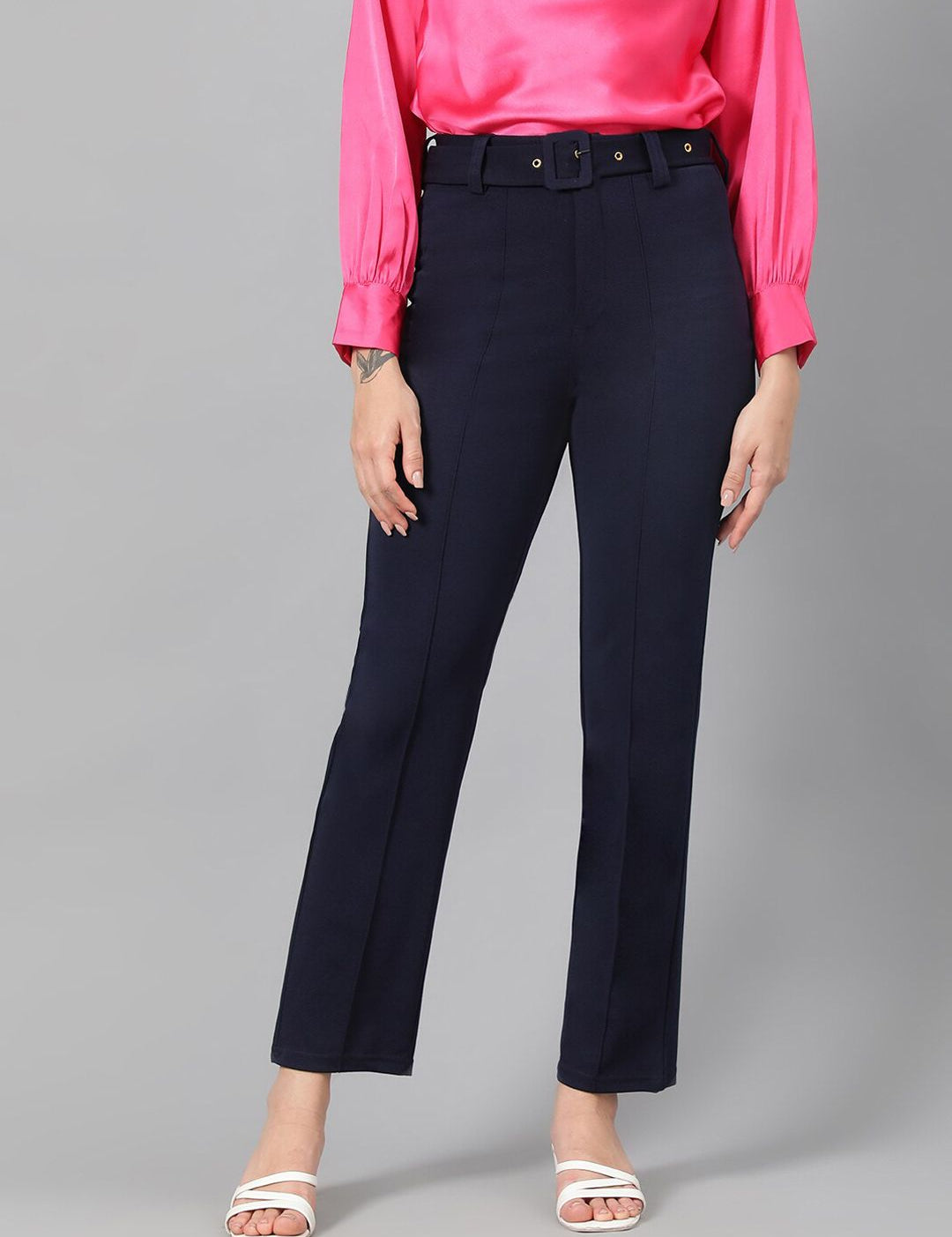 Kotty Women Navy Blue Relaxed Straight Leg Fit High-Rise Easy Wash Trousers