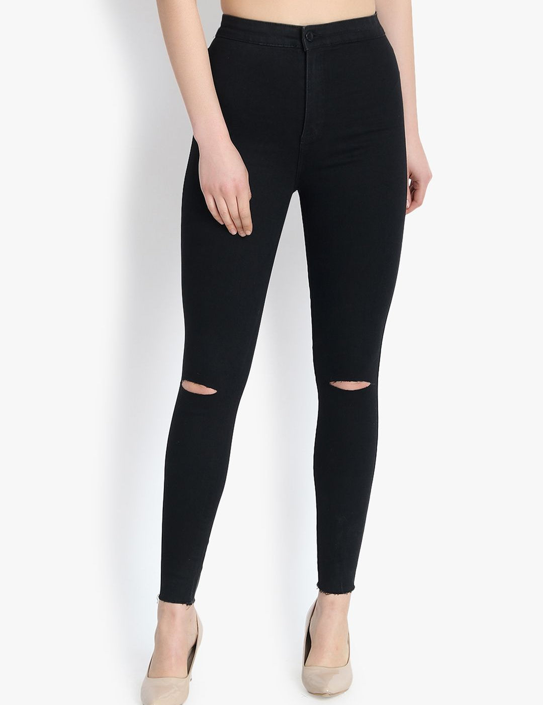 Kotty Women Black Skinny Fit High-Rise Slash Knee Jeans