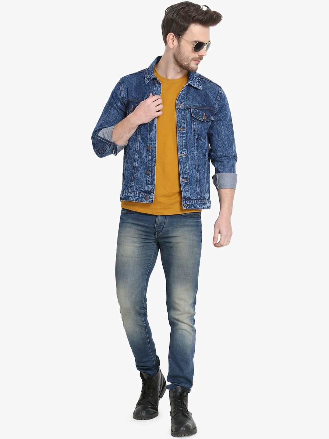 Kotty Men Blue Solid Denim Jacket