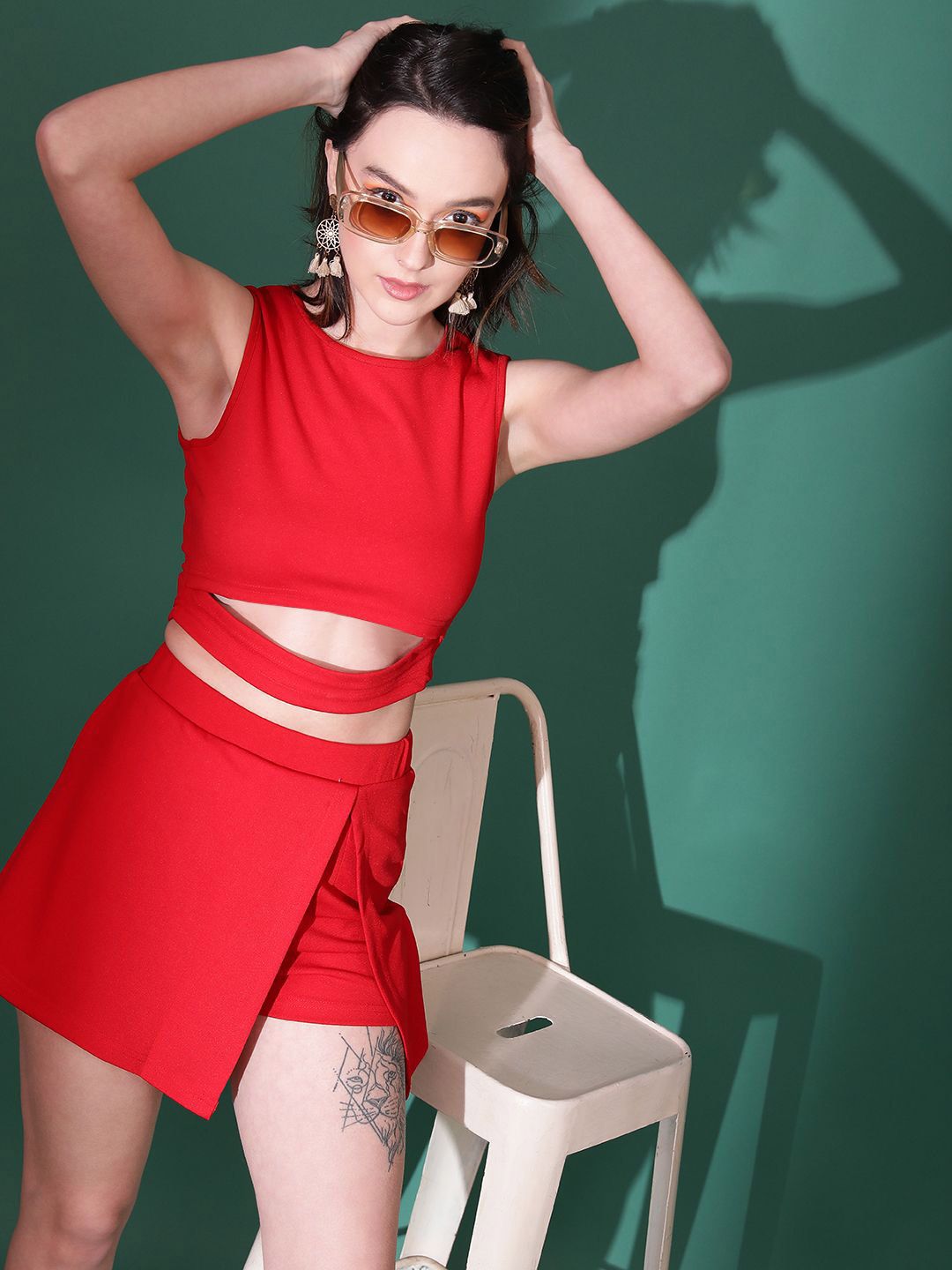 Kotty Red Round Neck Top With Skirt 