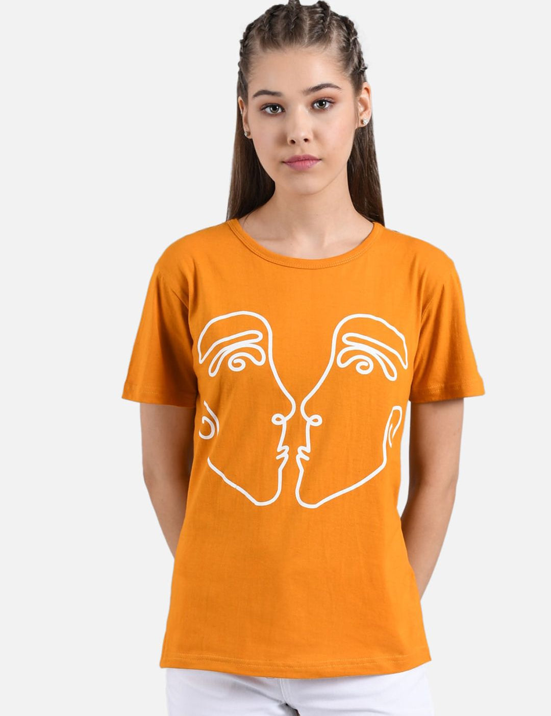 Kotty Women Mustard Yellow Printed Round Neck T-shirt