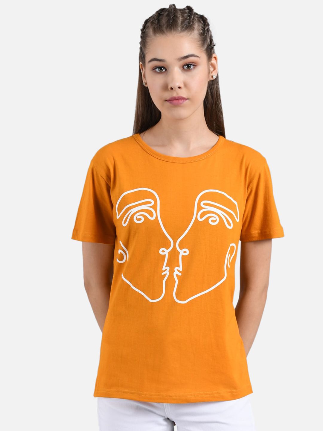 Kotty Women Mustard Yellow Printed Round Neck T-shirt