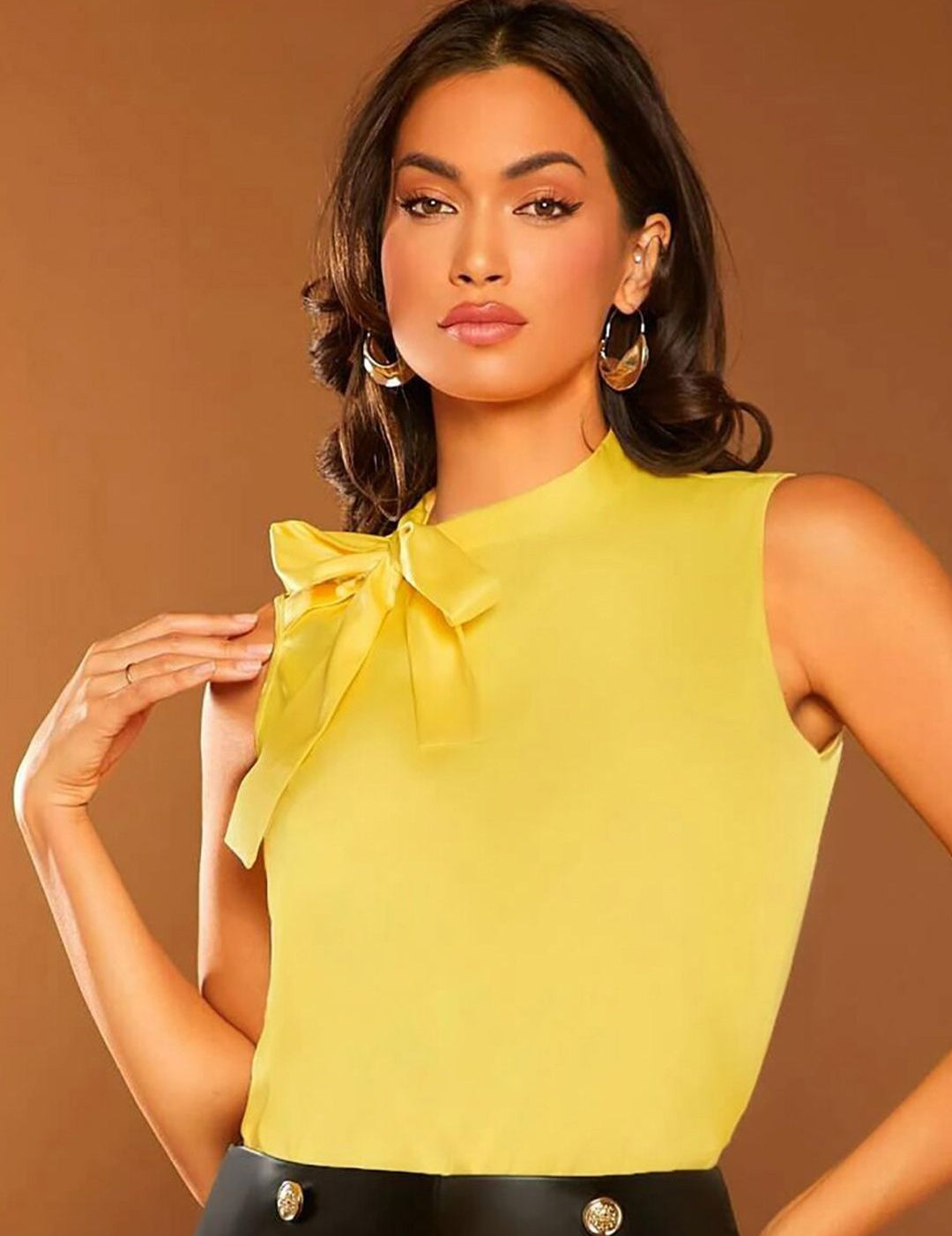 Kotty Yellow Tie-Up Neck Sleeveless Satin Top