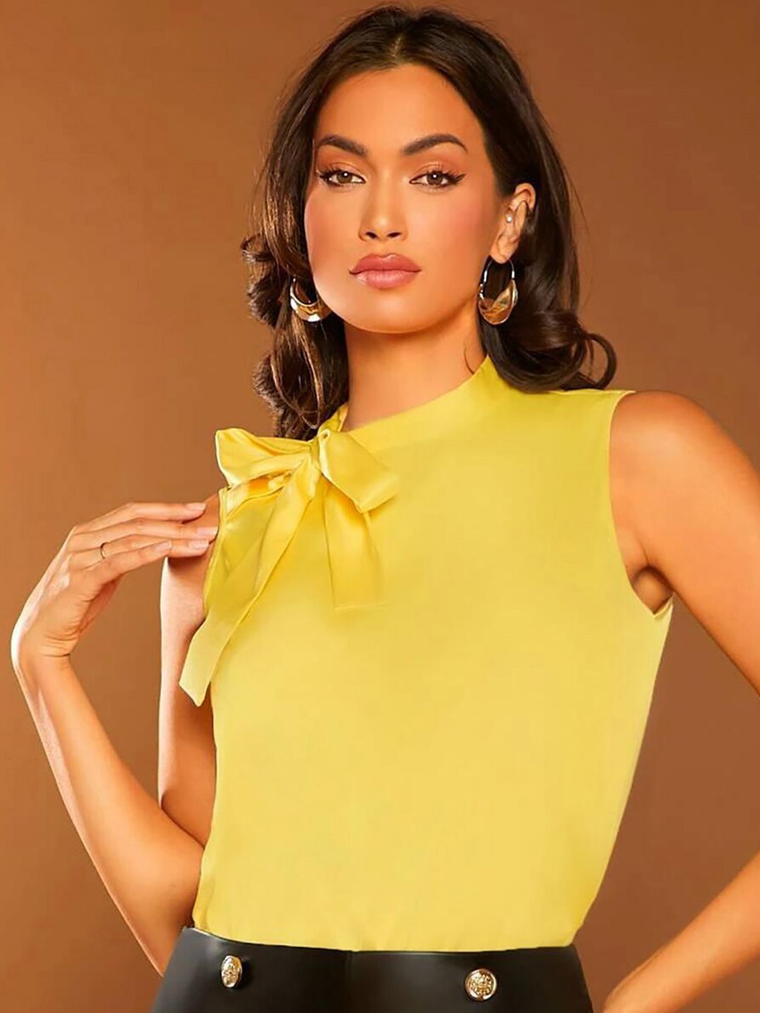 Kotty Yellow Tie-Up Neck Sleeveless Satin Top