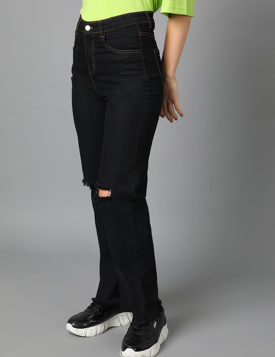 Kotty Women Jean Straight Fit High-Rise Slash Knee Cotton Stretchable Jeans