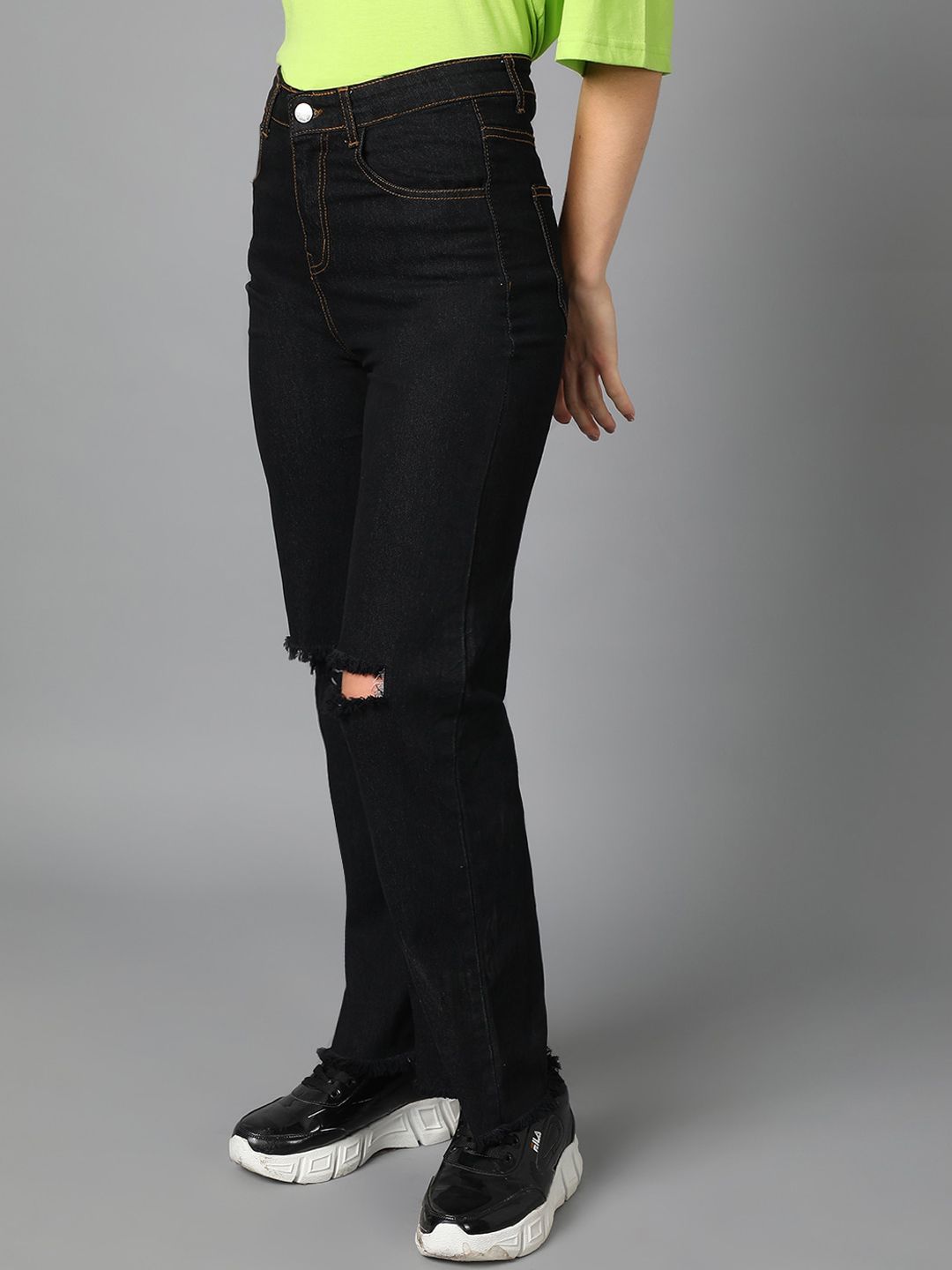 Kotty Women Jean Straight Fit High-Rise Slash Knee Cotton Stretchable Jeans