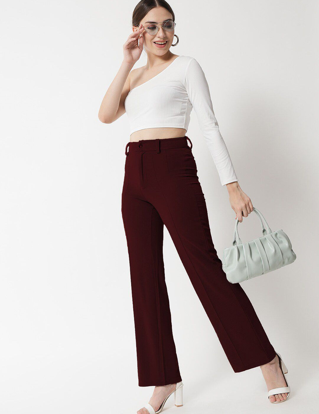 Kotty Women Maroon Relaxed Straight Leg Straight Fit High-Rise Easy Wash Trousers