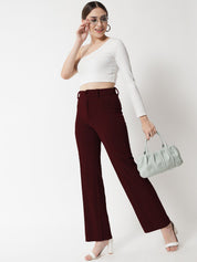 Kotty Women Maroon Relaxed Straight Leg Straight Fit High-Rise Easy Wash Trousers