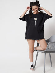 Kotty Women Black Typography Printed Drop-Shoulder Sleeves Applique Oversized T-shirt