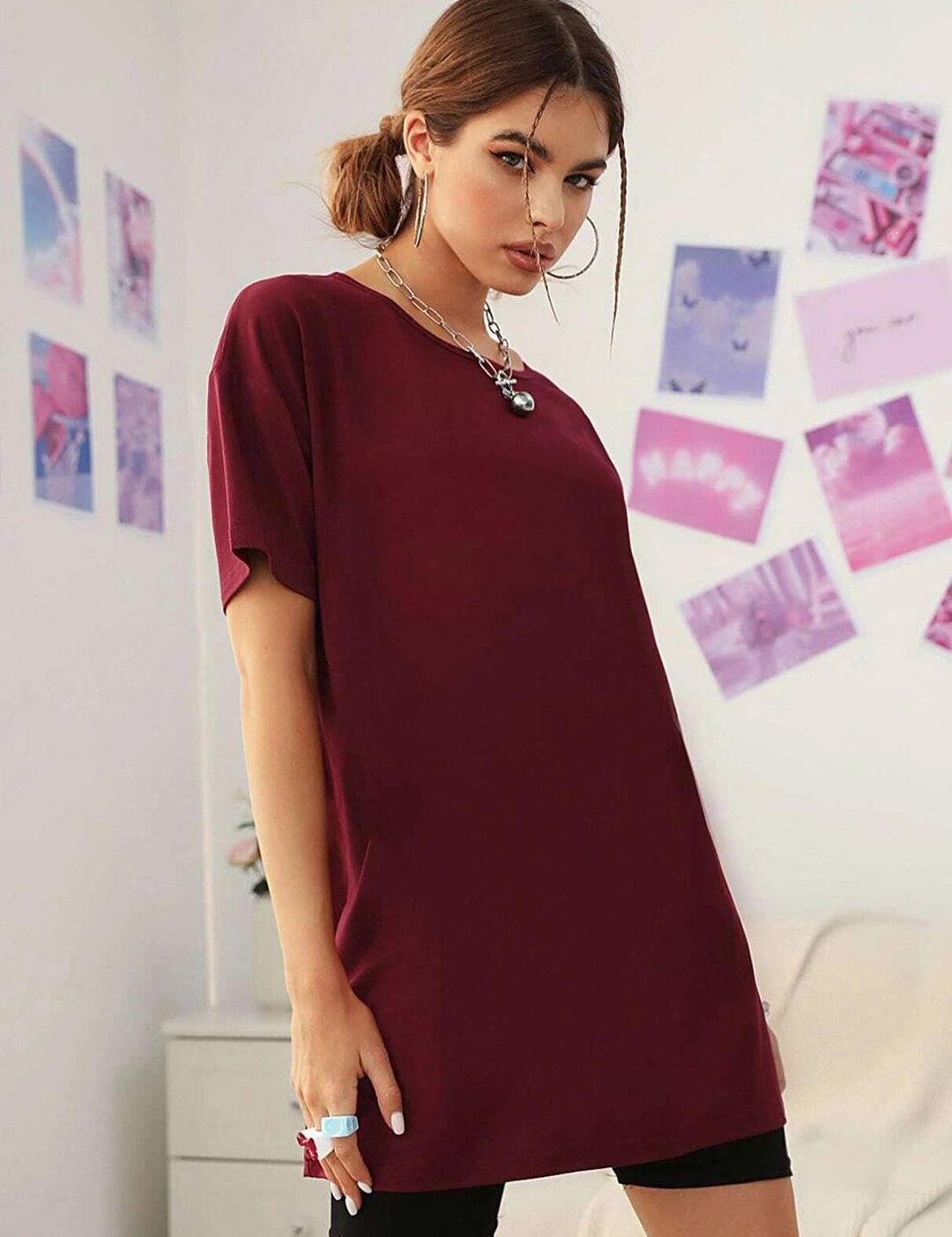 Kotty Drop-Down Shoulder Sleeves Round Neck T-Shirt