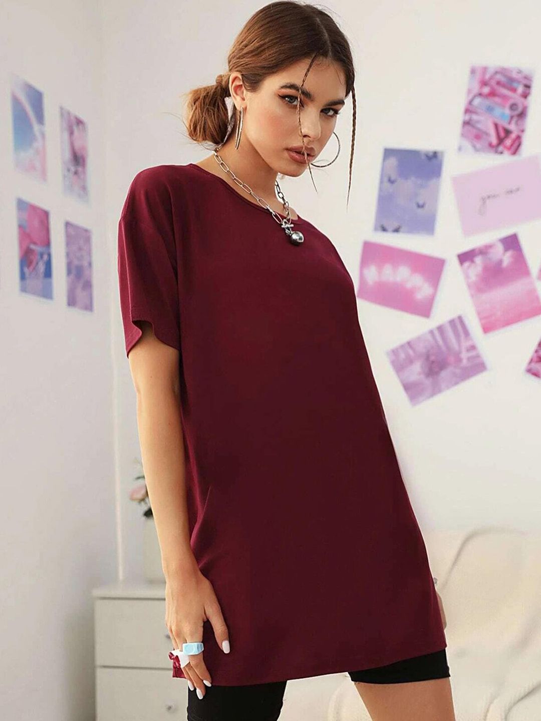 Kotty Drop-Down Shoulder Sleeves Round Neck T-Shirt
