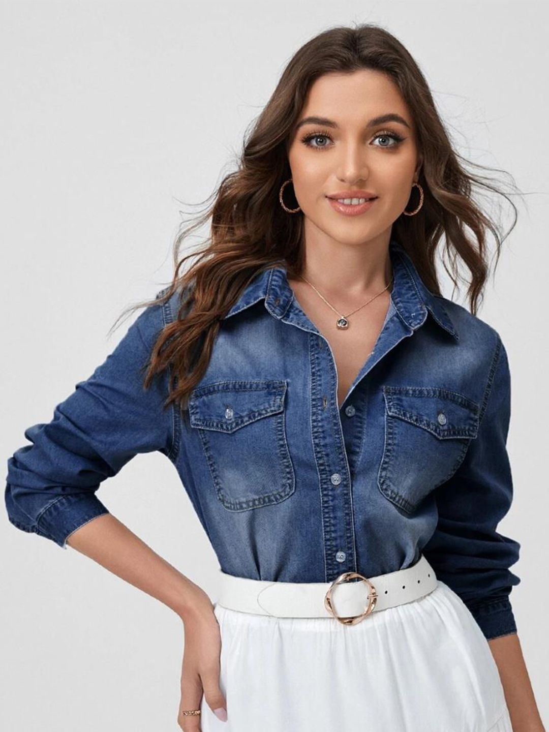 Kotty Blue Relaxed Faded Spread Collar Casual Shirt