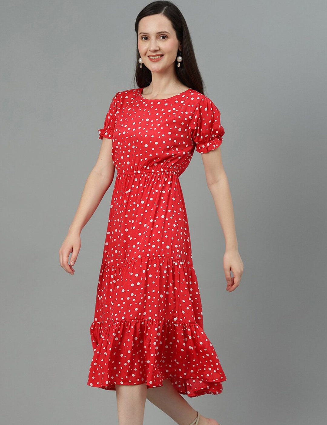 Kotty Red Polka Dot Print Puff Sleeve Fit & Flare Midi Dress