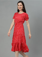 Kotty Red Polka Dot Print Puff Sleeve Fit & Flare Midi Dress