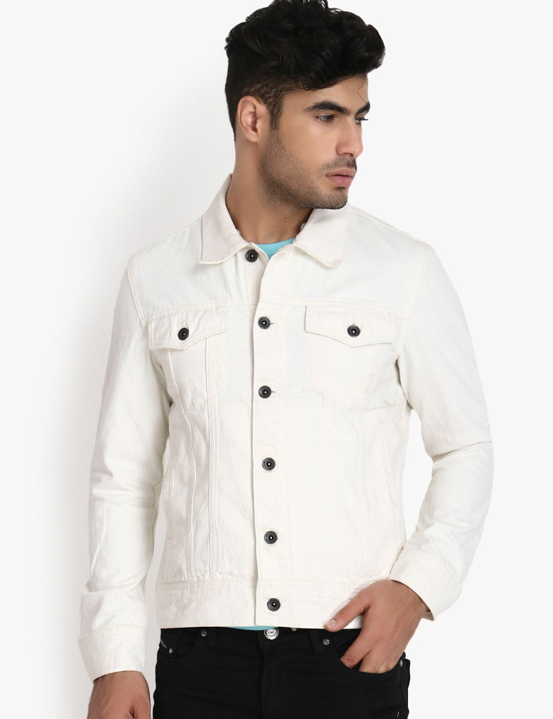 Kotty Men White Solid Denim Jacket 