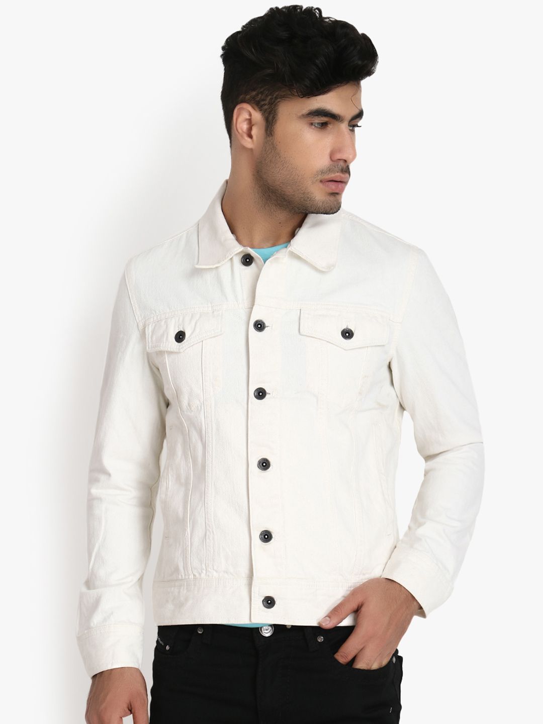 Kotty Men White Solid Denim Jacket 