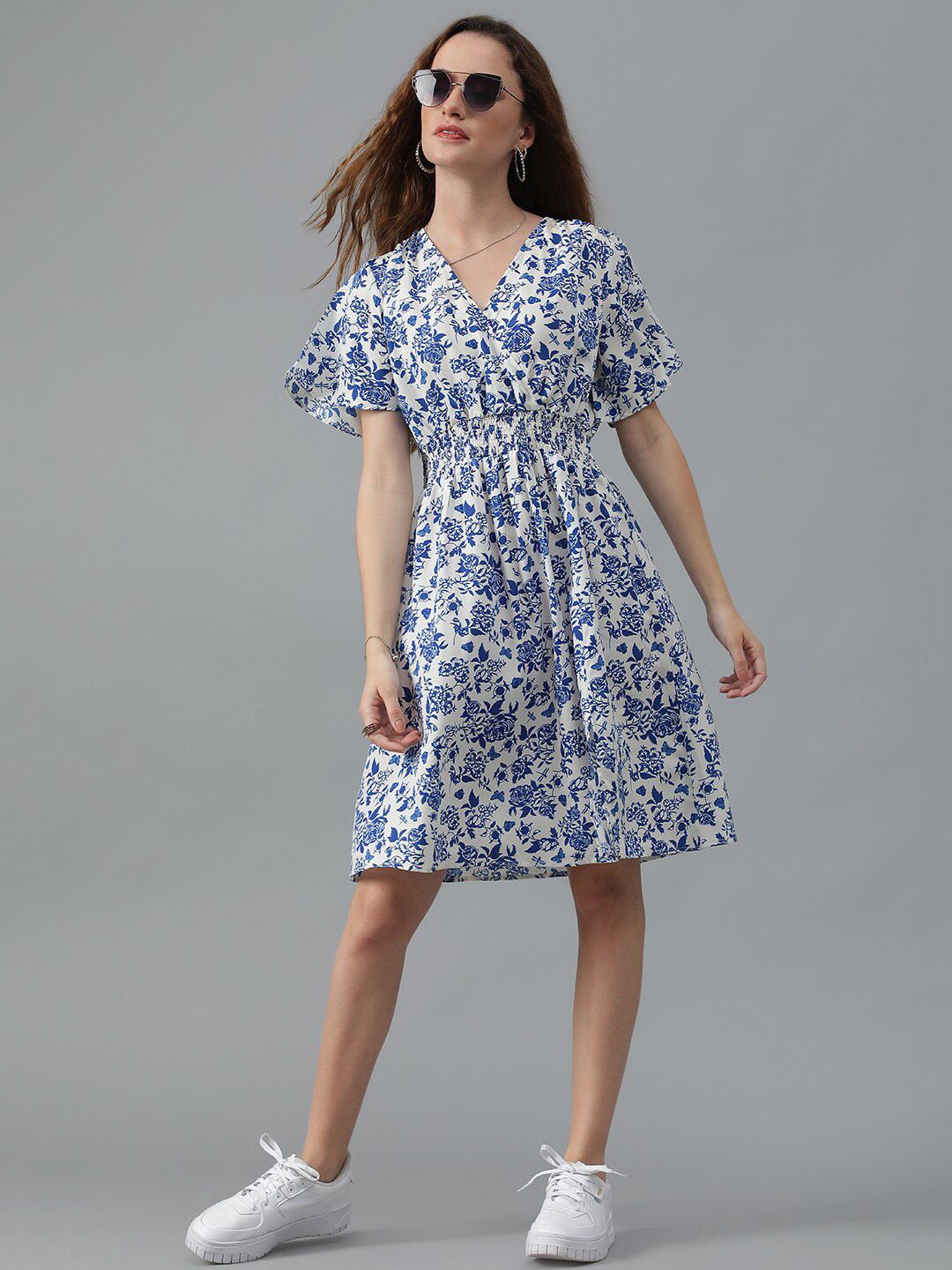 Kotty Blue Floral Print Flared Sleeve Fit & Flare Dress