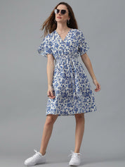 Kotty Blue Floral Print Flared Sleeve Fit & Flare Dress