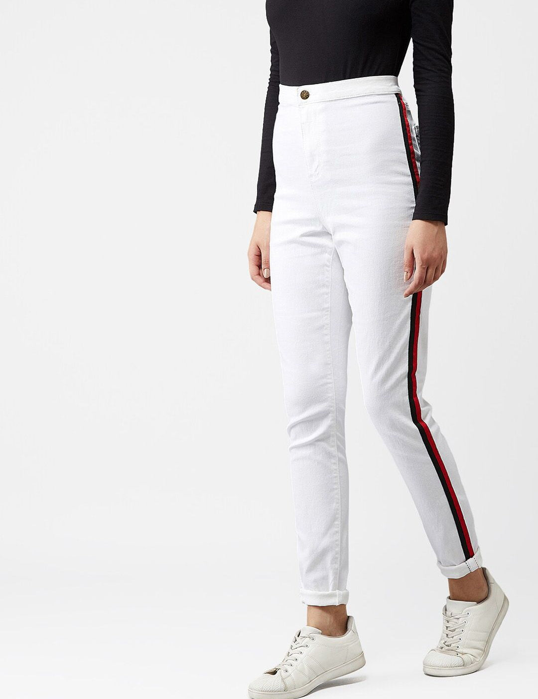 Kotty Women White Skinny Fit High-Rise Clean Look Jeans With Side Stripes