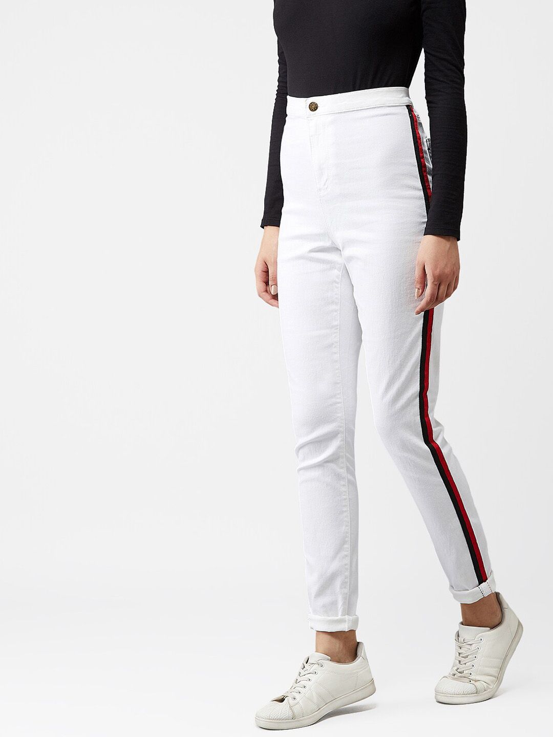 Kotty Women White Skinny Fit High-Rise Clean Look Jeans With Side Stripes