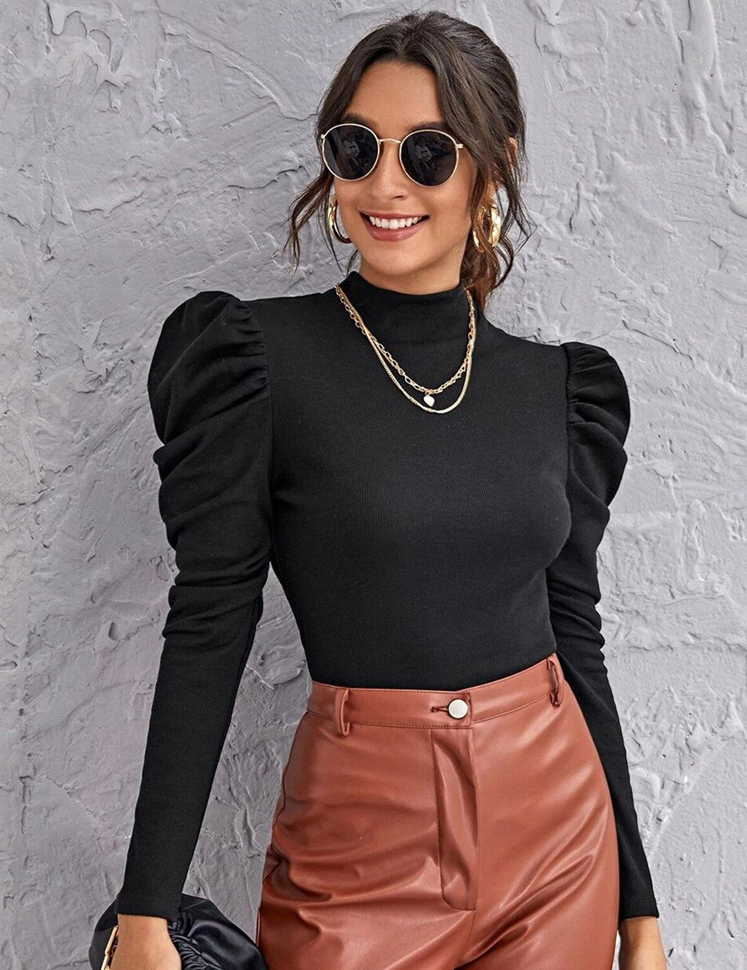 Kotty Black High Neck Puff Sleeves Satin Top