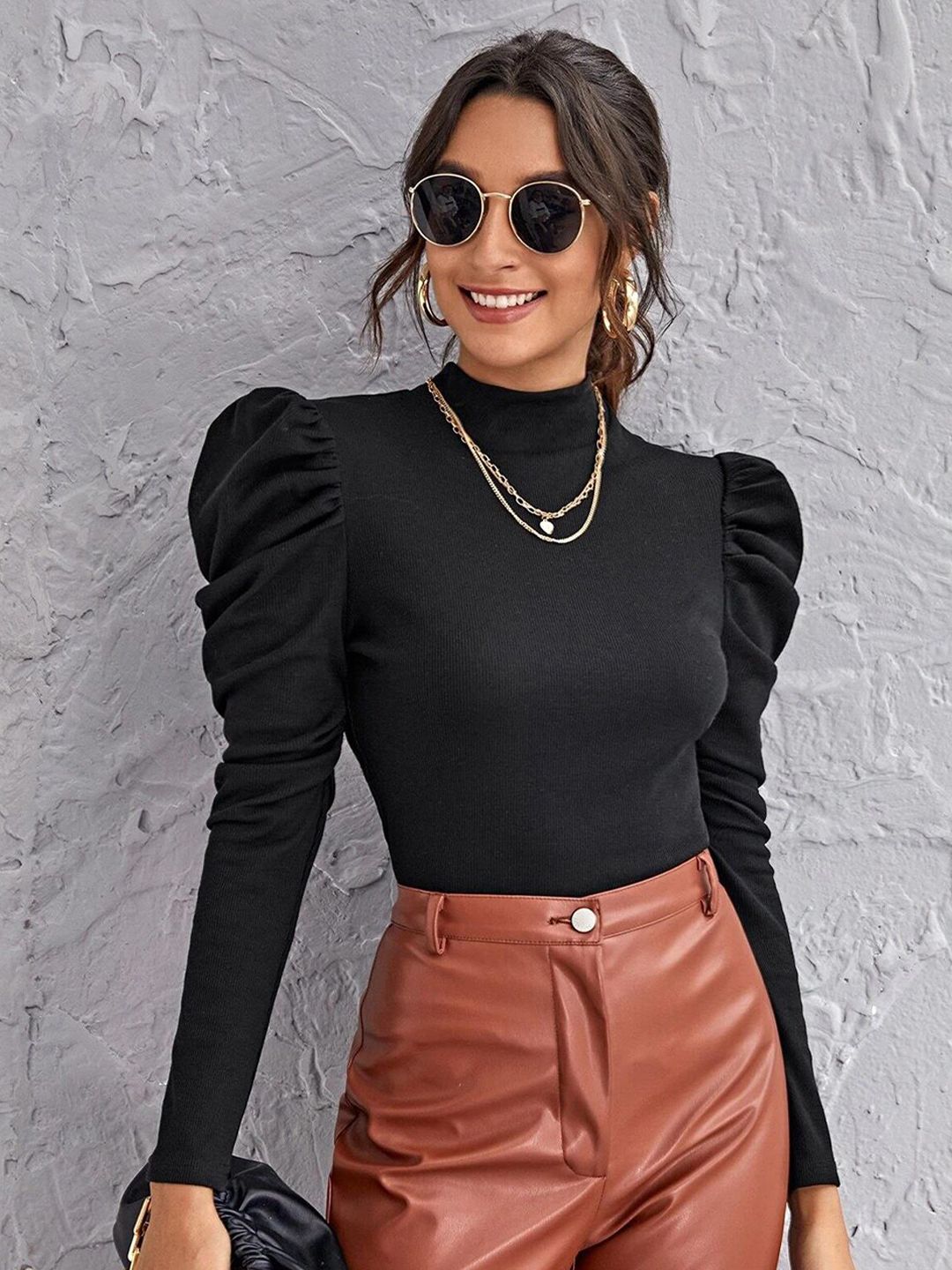 Kotty Black High Neck Puff Sleeves Satin Top