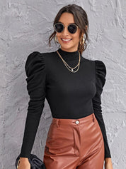 Kotty Black High Neck Puff Sleeves Satin Top