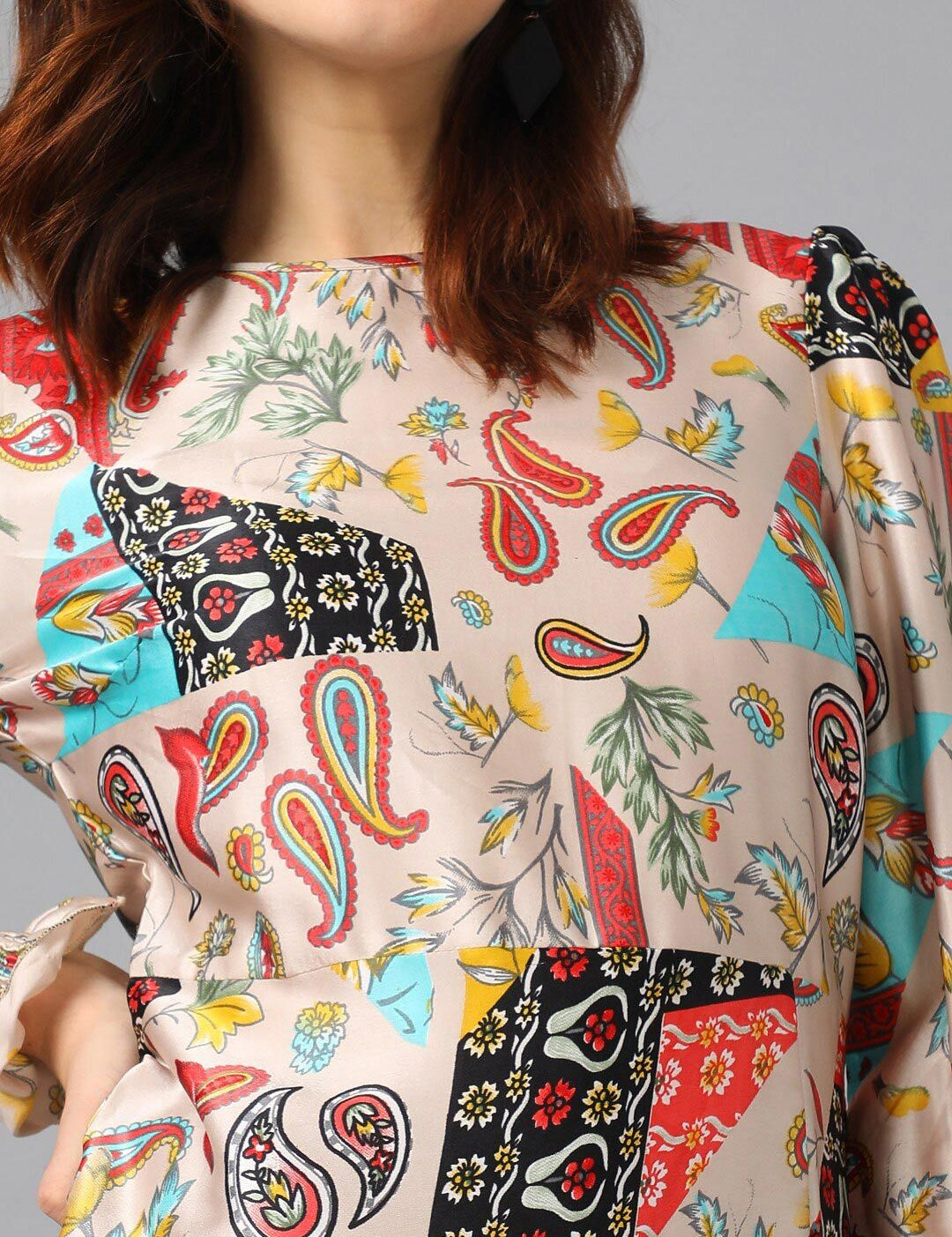 Kotty Off White & Black Ethnic Motifs Printed Puffed Sleeves A-Line Dress