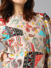 Kotty Off White & Black Ethnic Motifs Printed Puffed Sleeves A-Line Dress