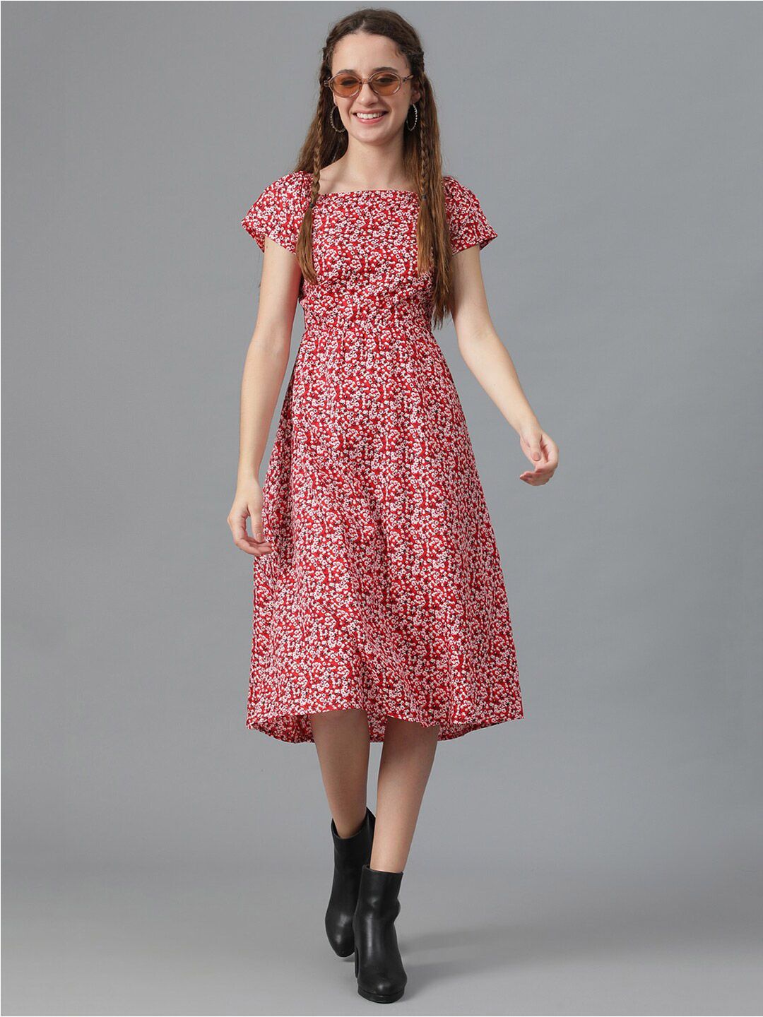 Kotty Red Floral Printed Square Neck Smocked Detailed Fit & Flare Midi Dress