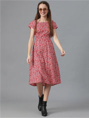 Kotty Red Floral Printed Square Neck Smocked Detailed Fit & Flare Midi Dress