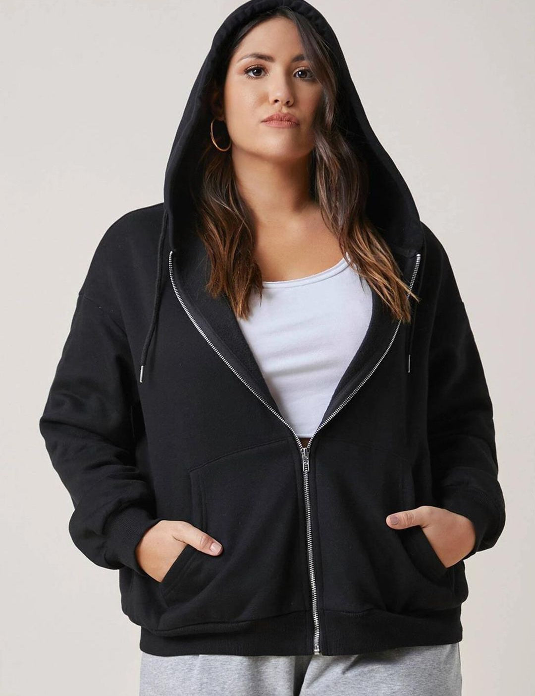 Kotty Plus Size Hooded Fleece Front-Open Sweatshirt