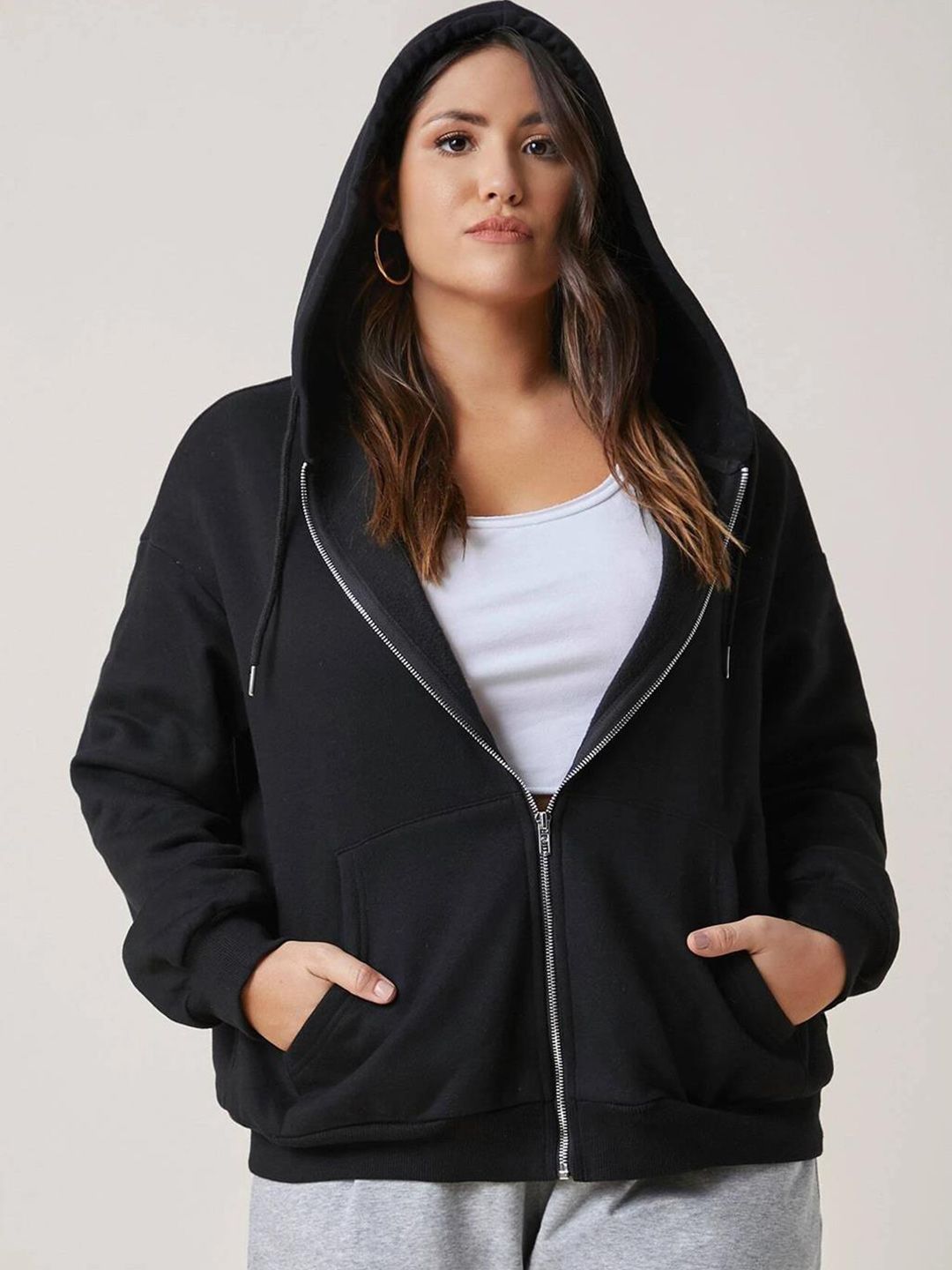 Kotty Plus Size Hooded Fleece Front-Open Sweatshirt