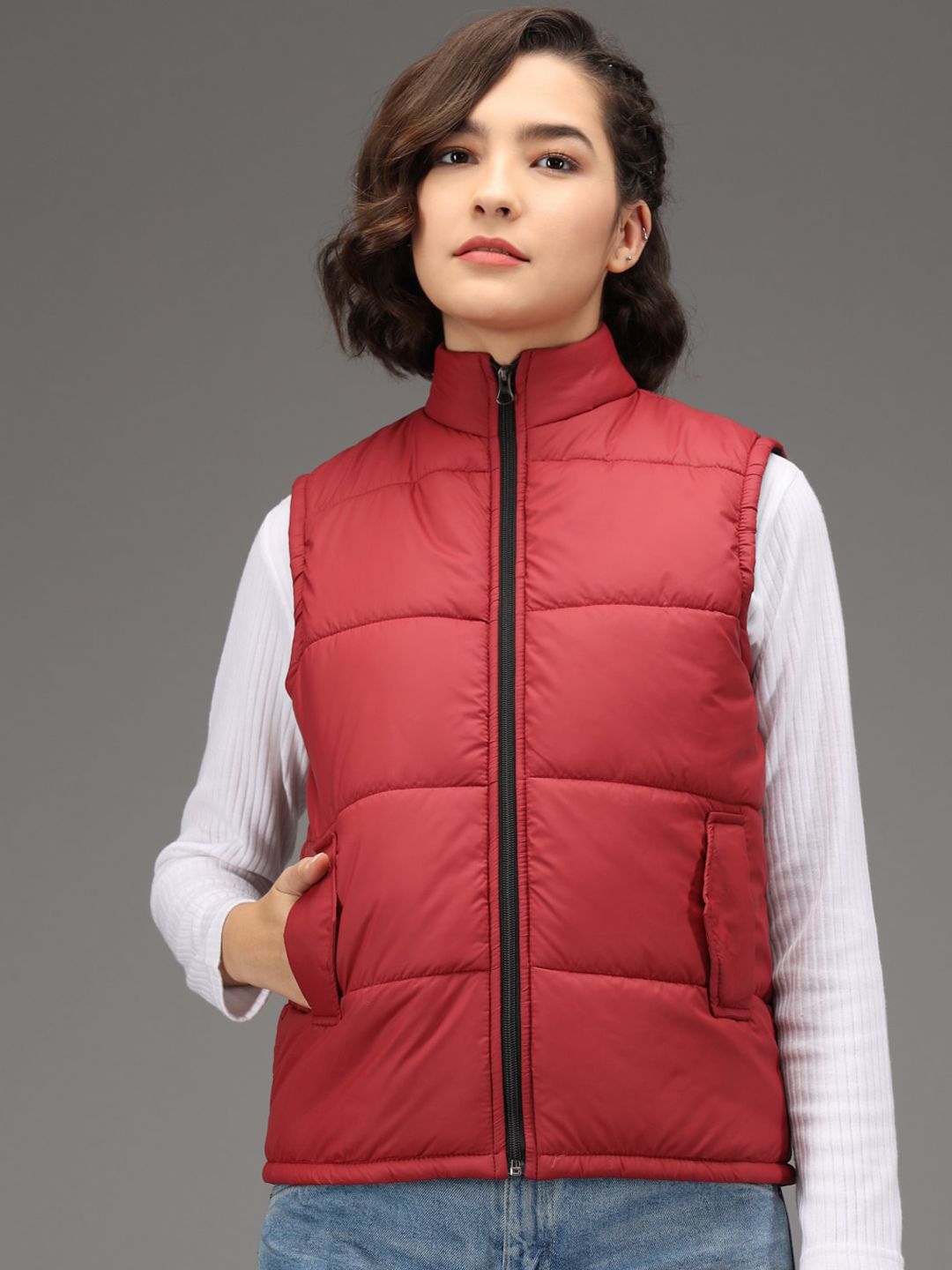 Kotty Women Maroon Colourblocked Training or Gym Padded Jacket